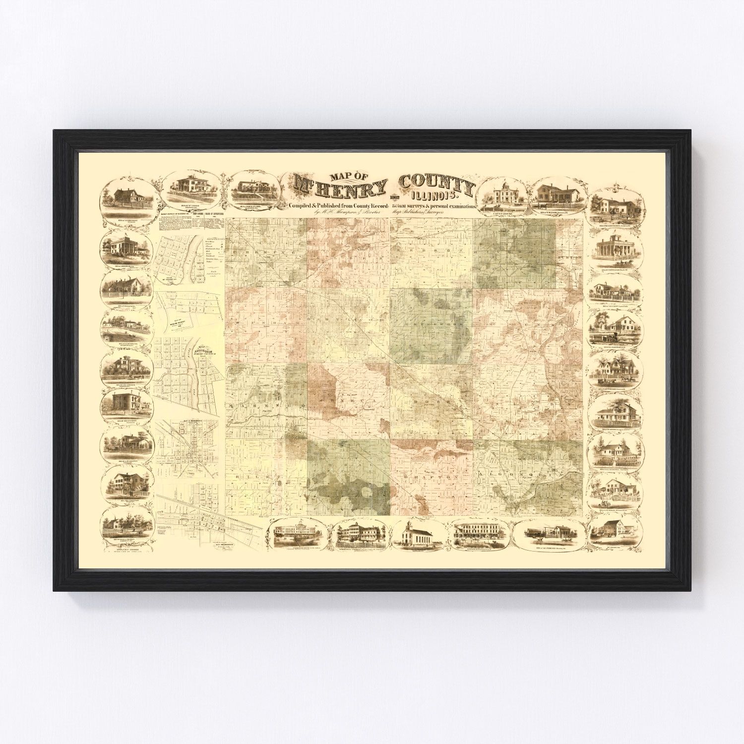 Vintage Map of McHenry County, Illinois 1862