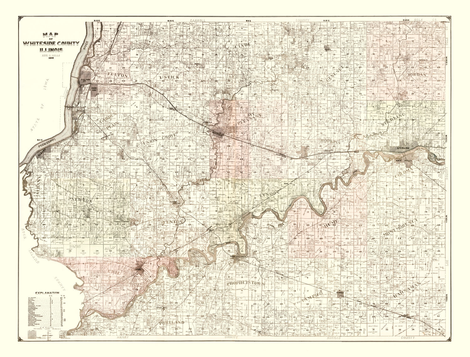 Vintage Map of Whiteside County, Illinois 1896