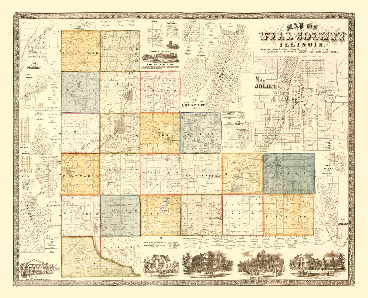 Vintage Map of Will County, Illinois 1864