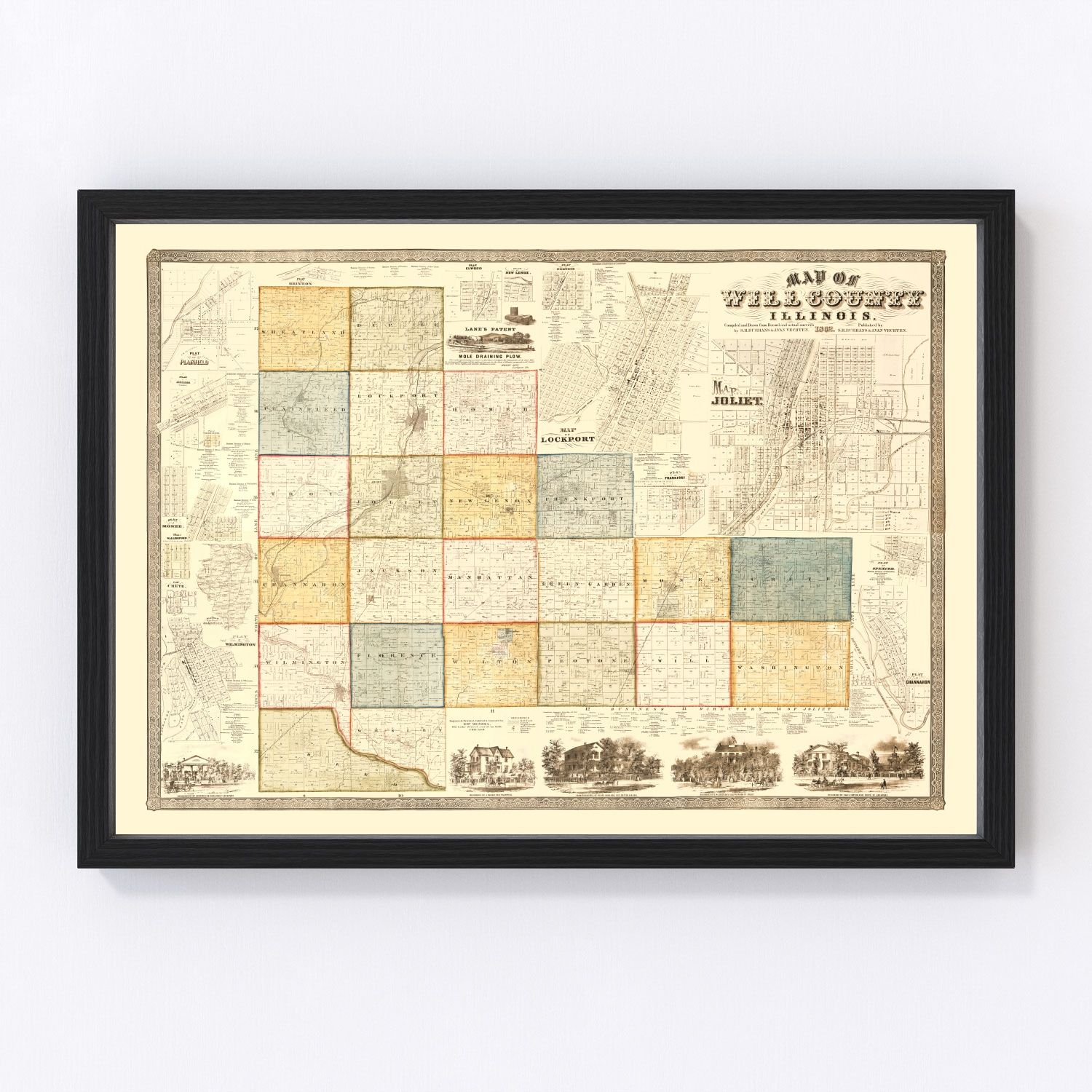 Vintage Map of Will County, Illinois 1864