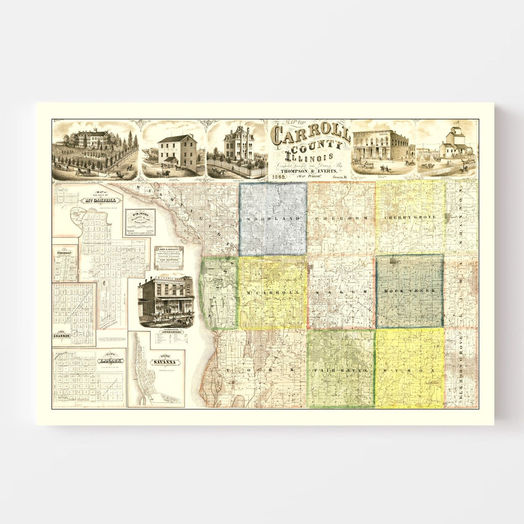 Vintage Map of Carroll County, Illinois 1869