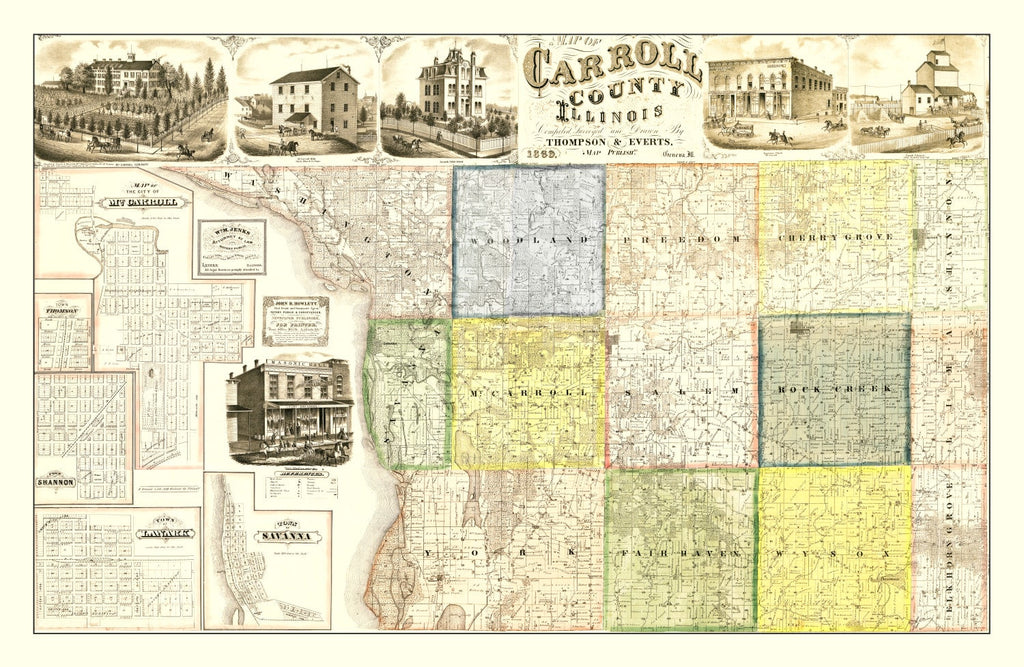 Vintage Map of Carroll County, Illinois 1869
