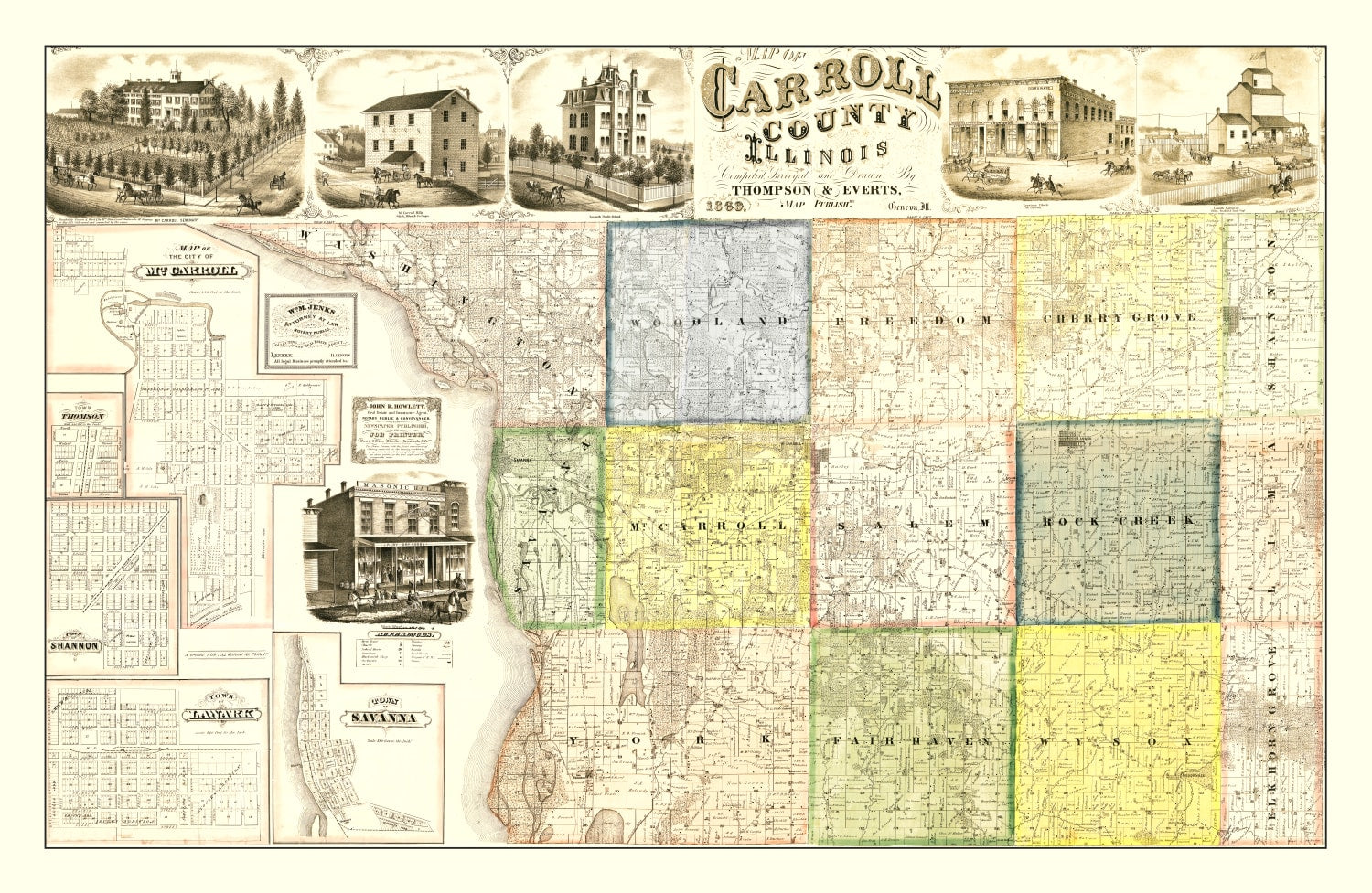 Vintage Map of Carroll County, Illinois 1869