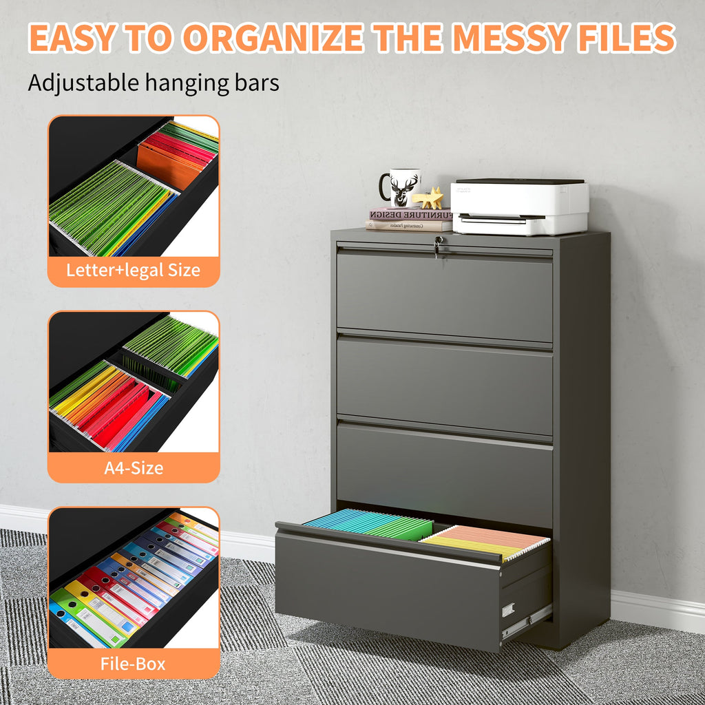 Modern Black 4-Drawer Lateral File Cabinet with Lock, Metal Filing Cabinet for Legal/Letter/A4/F4