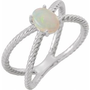 14K White Gold 7x5 mm  Natural White Opal Criss-Cross Ring