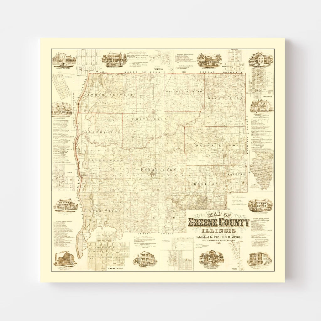 Vintage Map of Greene County, Illinois 1861