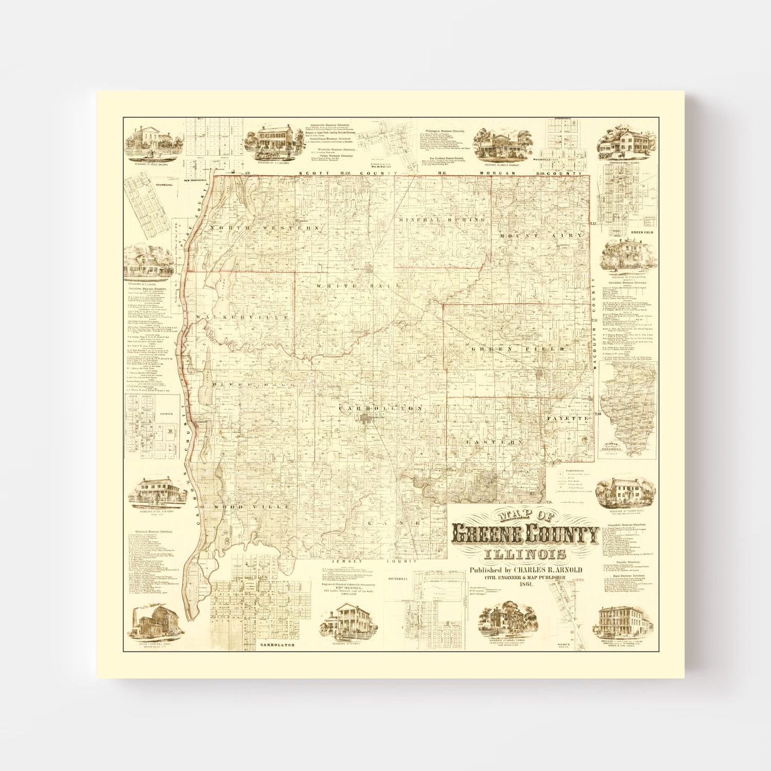 Vintage Map of Greene County, Illinois 1861