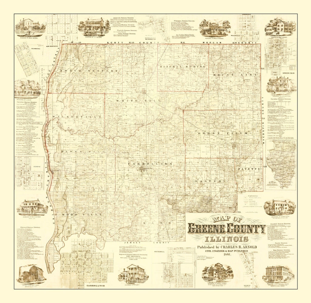 Vintage Map of Greene County, Illinois 1861
