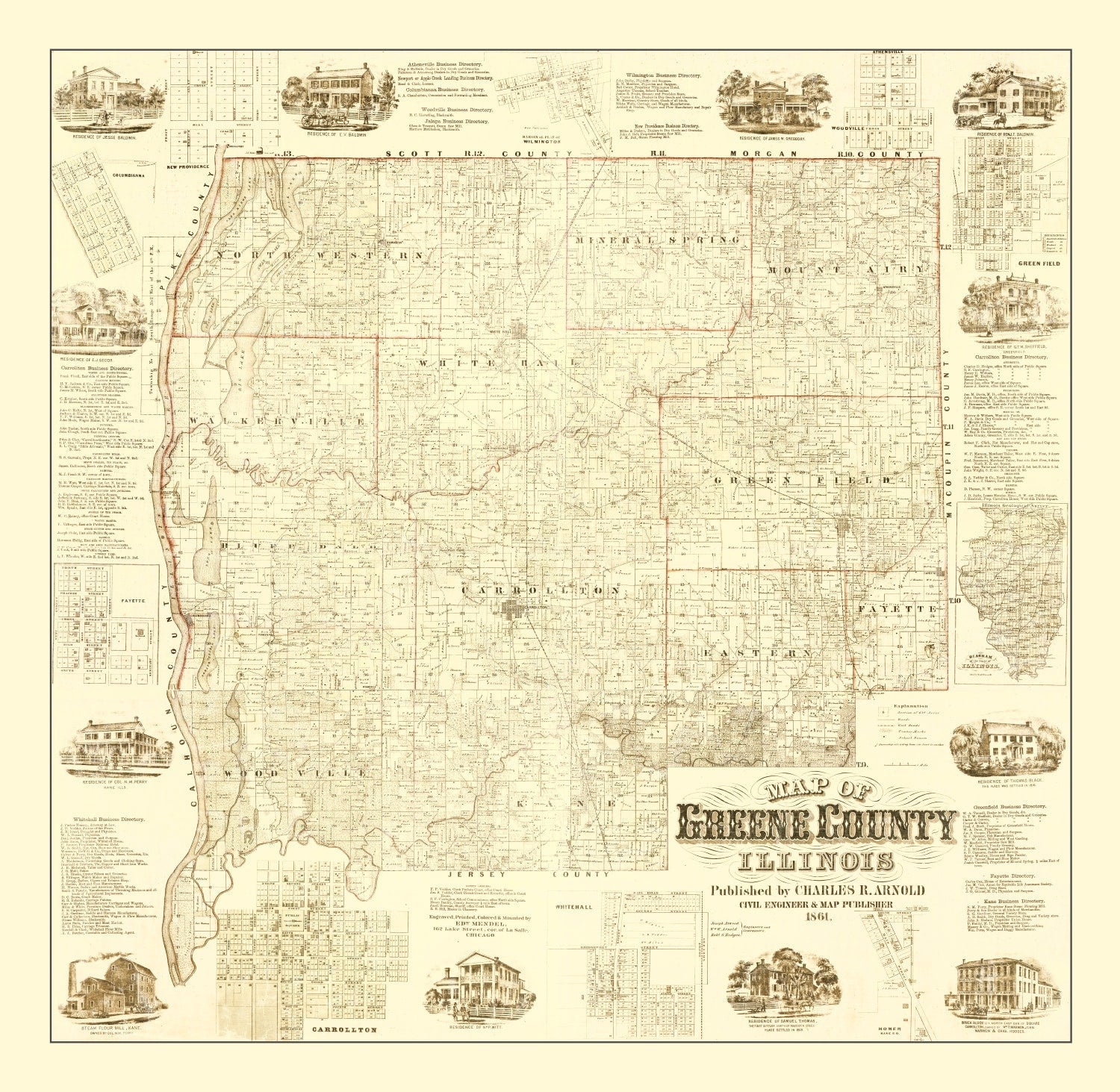 Vintage Map of Greene County, Illinois 1861