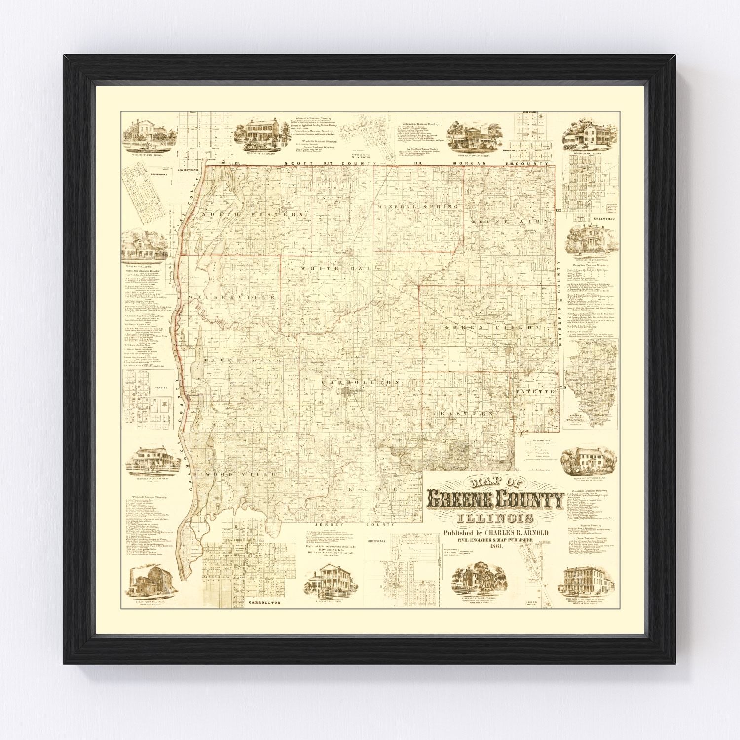 Vintage Map of Greene County, Illinois 1861
