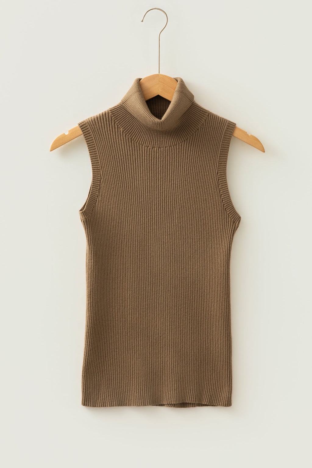 Solid Ribbed Knit Turtleneck Sleeveless Top
