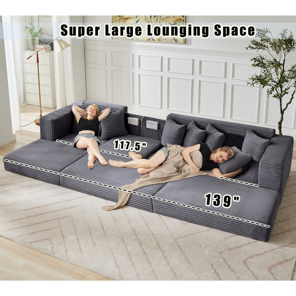 [NEW ARRIVED] [VIDEO PROVIDED] Oversize Cloud Couch, L-Shape Sofa, Convertible Floor Sleeper Sofa Bed, No Assembly ,Eight pillows,3-in-1,Side Pocket,(Left Facing Sofa),3 Seat,Corduroy,Dark Gray