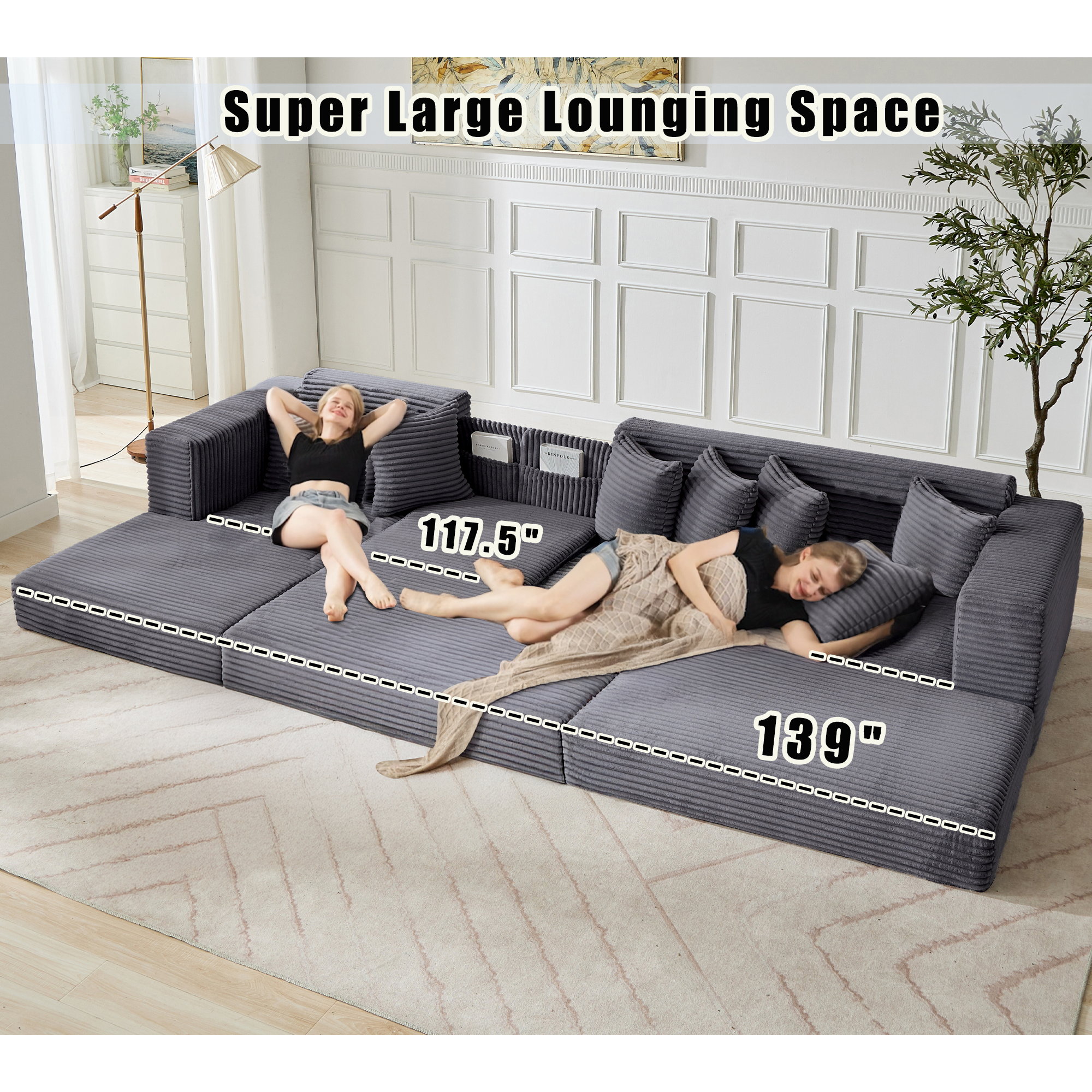 [NEW ARRIVED] [VIDEO PROVIDED] Oversize Cloud Couch, L-Shape Sofa, Convertible Floor Sleeper Sofa Bed, No Assembly ,Eight pillows,3-in-1,Side Pocket,(Left Facing Sofa),3 Seat,Corduroy,Dark Gray