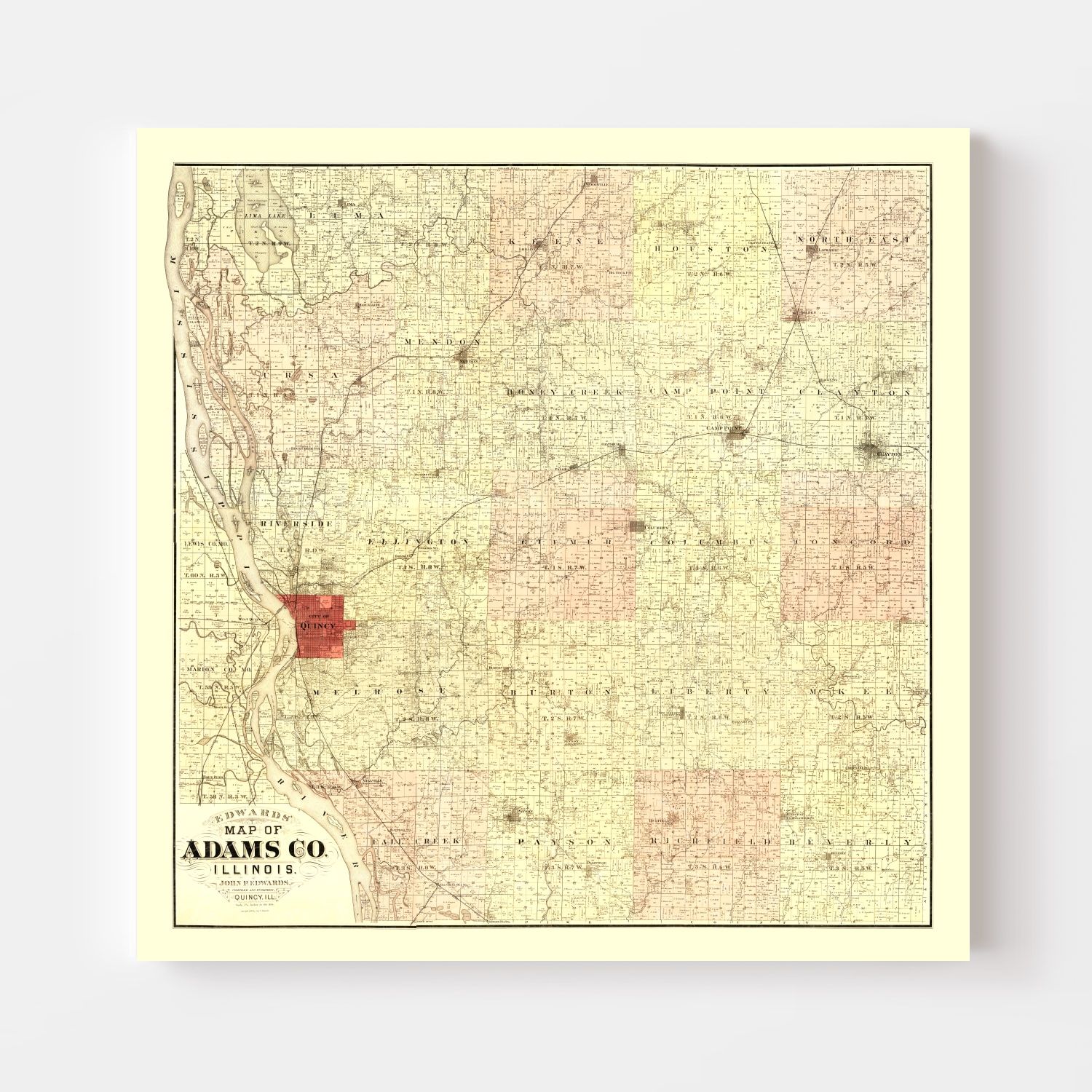 Vintage Map of Adams County, Illinois 1889