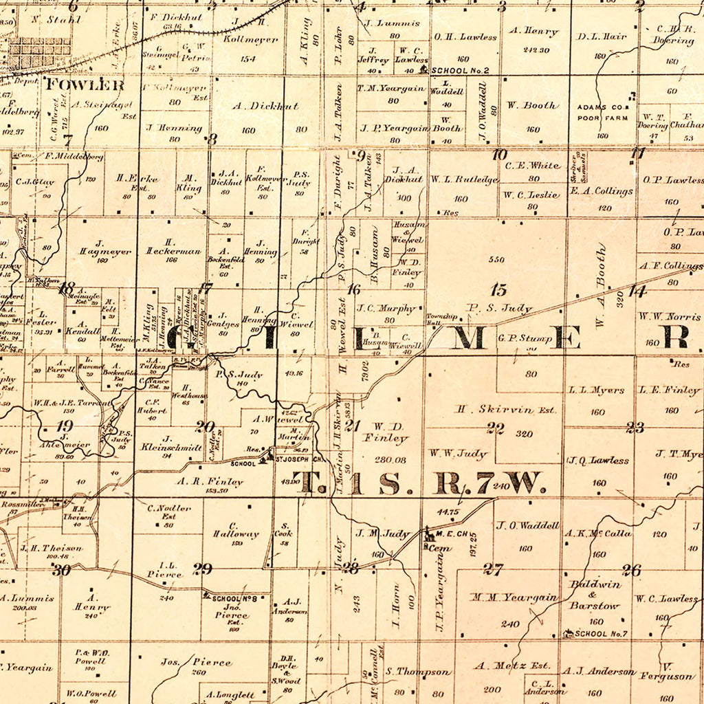 Vintage Map of Adams County, Illinois 1889