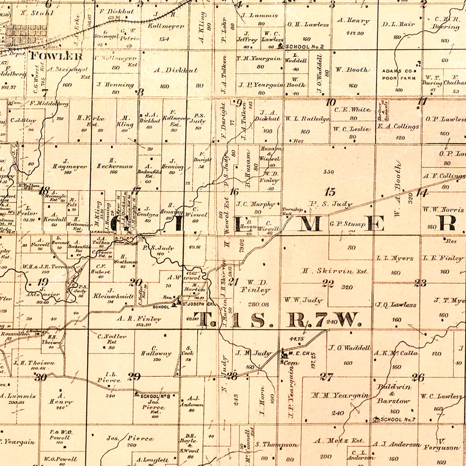 Vintage Map of Adams County, Illinois 1889