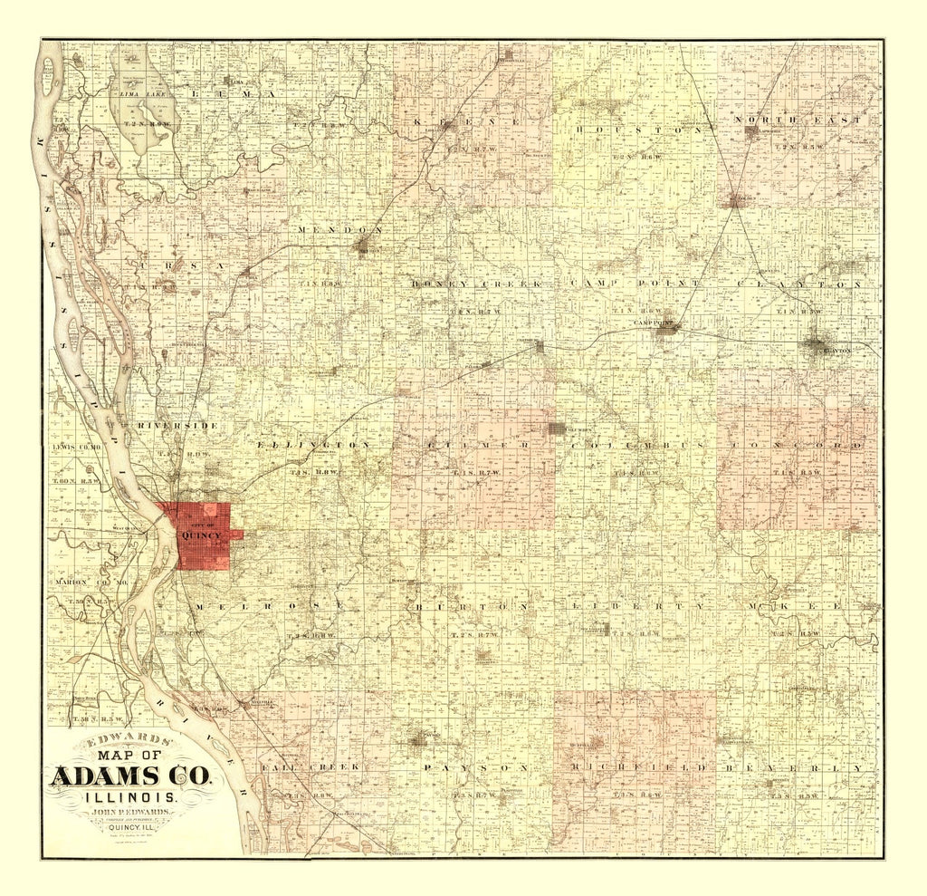 Vintage Map of Adams County, Illinois 1889
