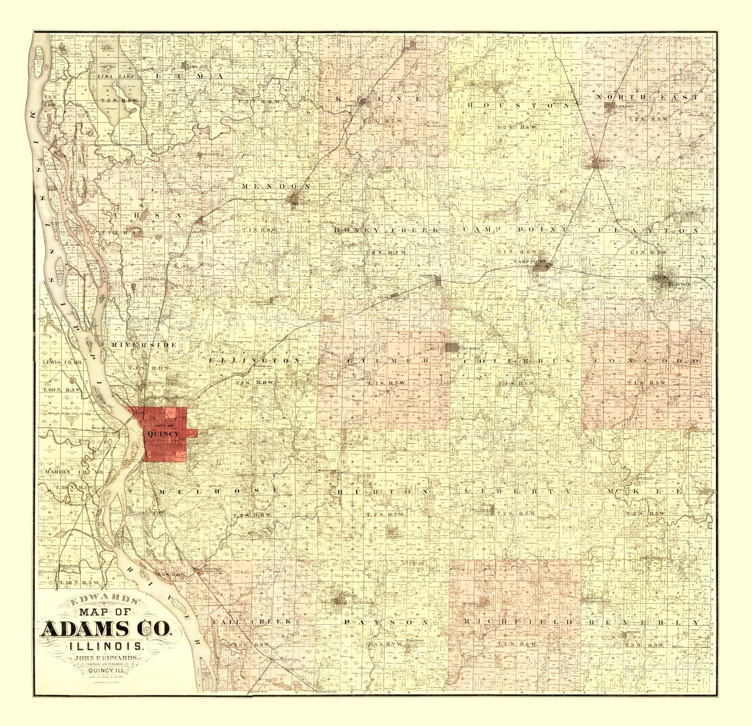 Vintage Map of Adams County, Illinois 1889