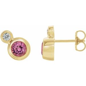 14K Yellow Gold 5 mm Natural Pink Tourmaline & 1/8 CTW Natural Diamond Earrings