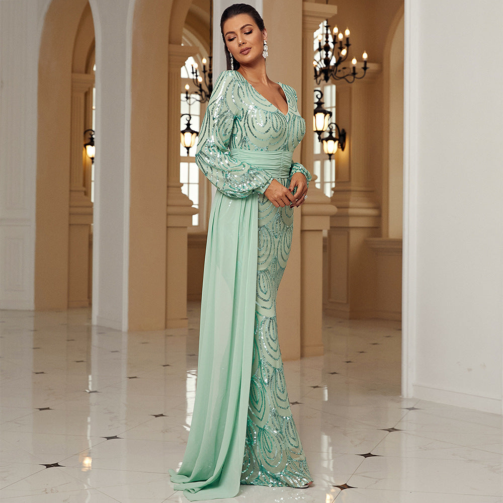 Long Sleeve Sexy Long Sequined V-neck Banquet Ribbon Evening Dress (See size chart where applicable)