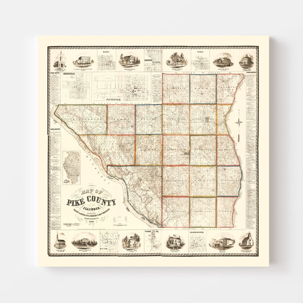 Vintage Map of Pike County, Illinois 1860