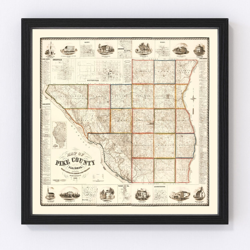 Vintage Map of Pike County, Illinois 1860