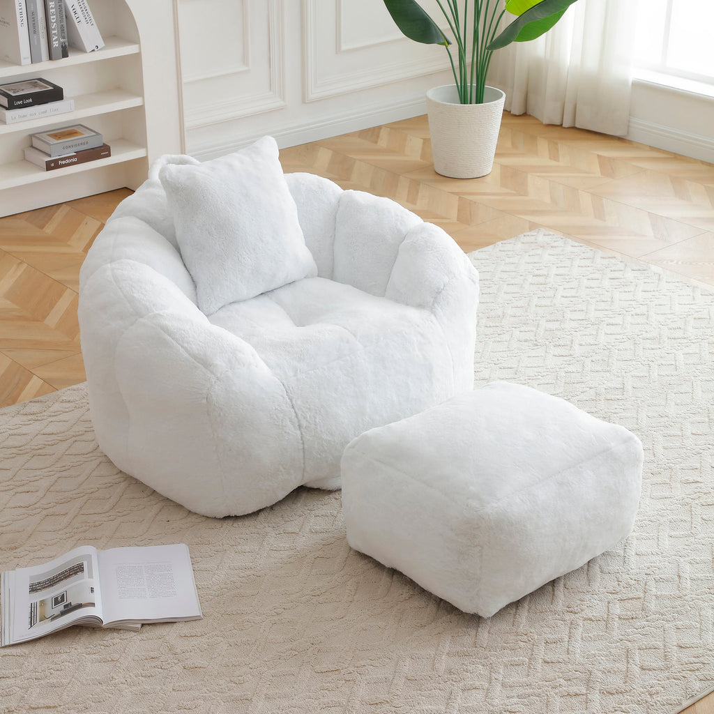 Giant Bean Bag Chair withFootstool, Oversized Bean Bag  for Adults and Kids, Faux Fur Shell-Shaped Large Chair with Filler, Stuffed Big Accent Sofa,  Floor Sofa for Gaming,Reading Living Room Bedroom