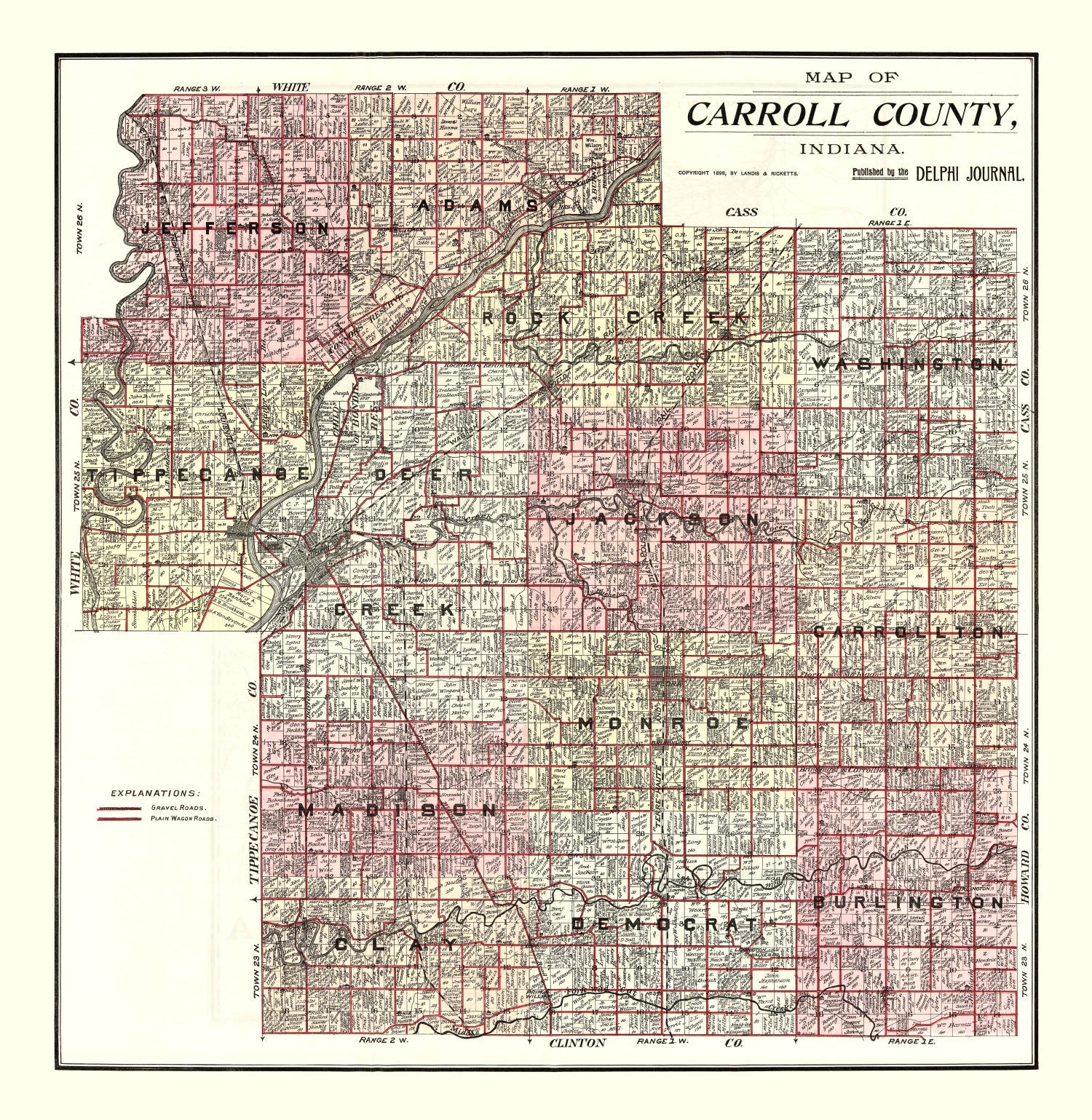 Vintage Map of Carroll County, Indiana 1898