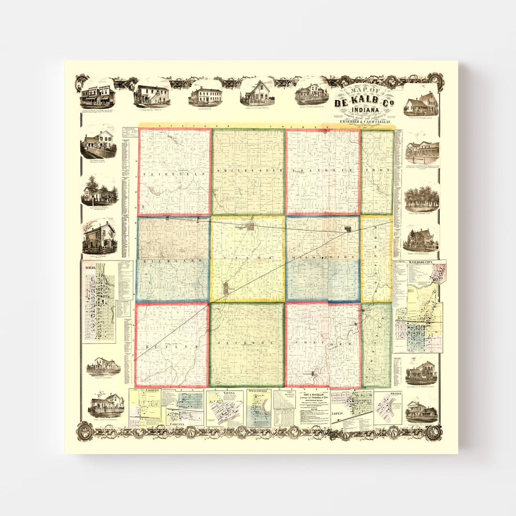 Vintage Map of Dekalb County, Indiana 1863