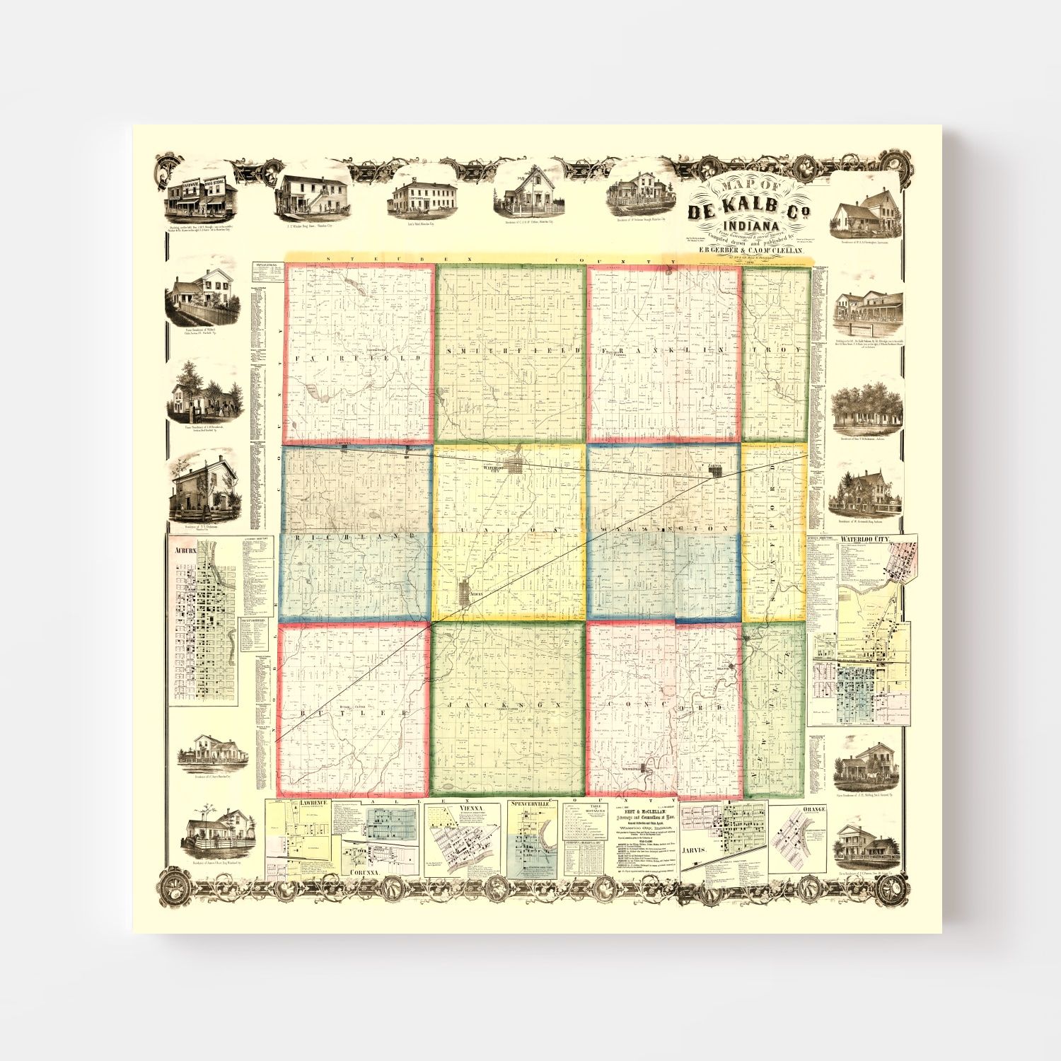 Vintage Map of Dekalb County, Indiana 1863