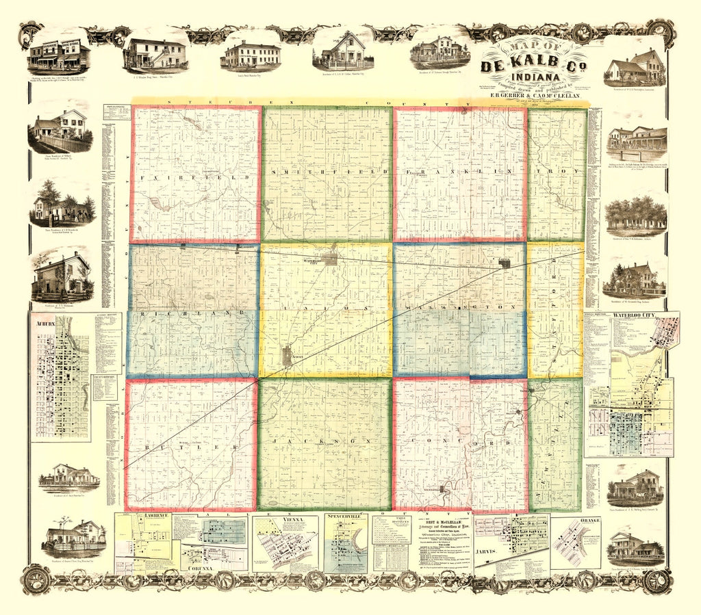 Vintage Map of Dekalb County, Indiana 1863