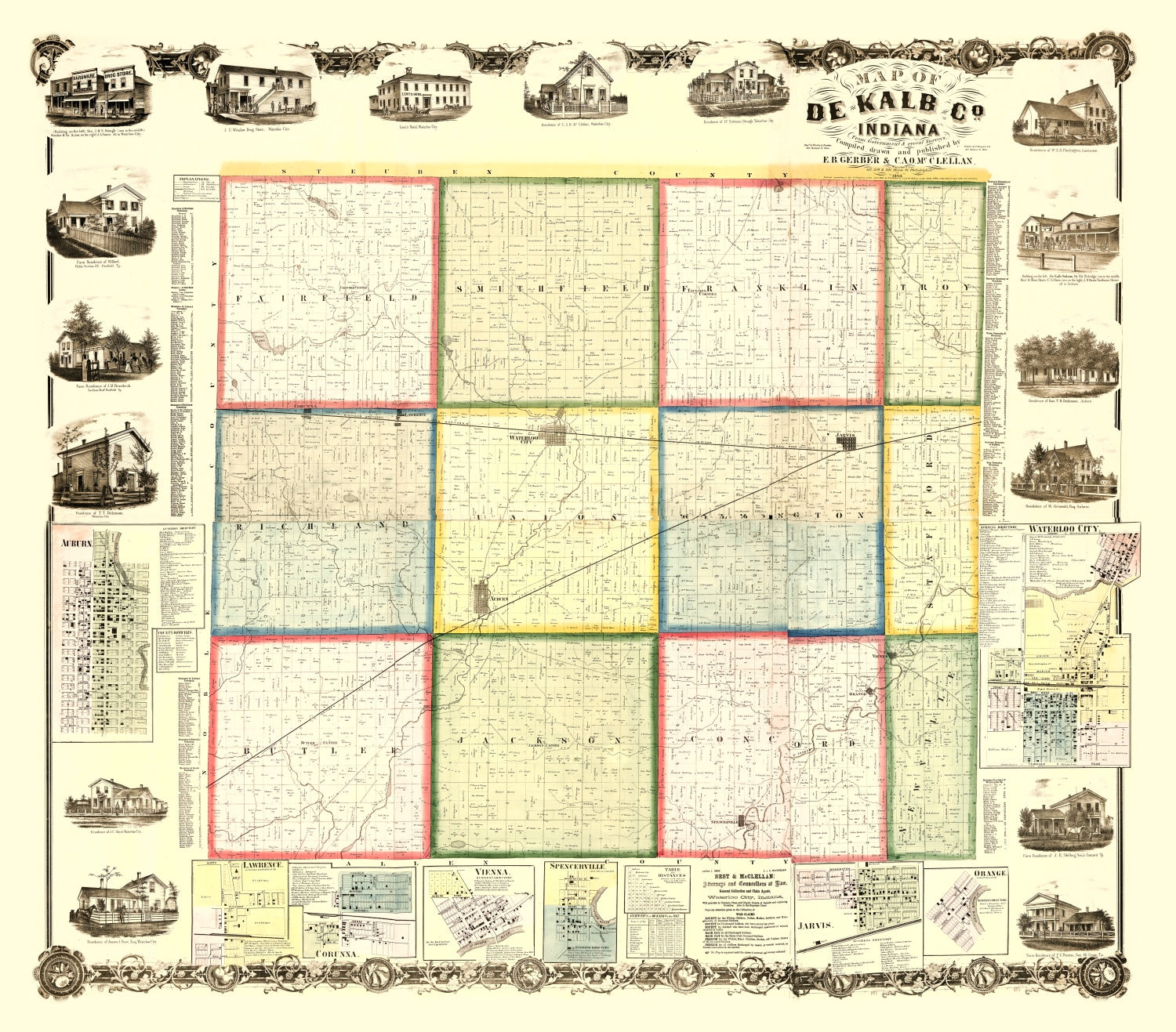 Vintage Map of Dekalb County, Indiana 1863