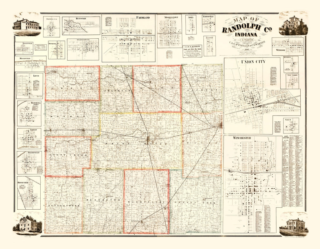 Vintage Map of Randolph County, Indiana 1865