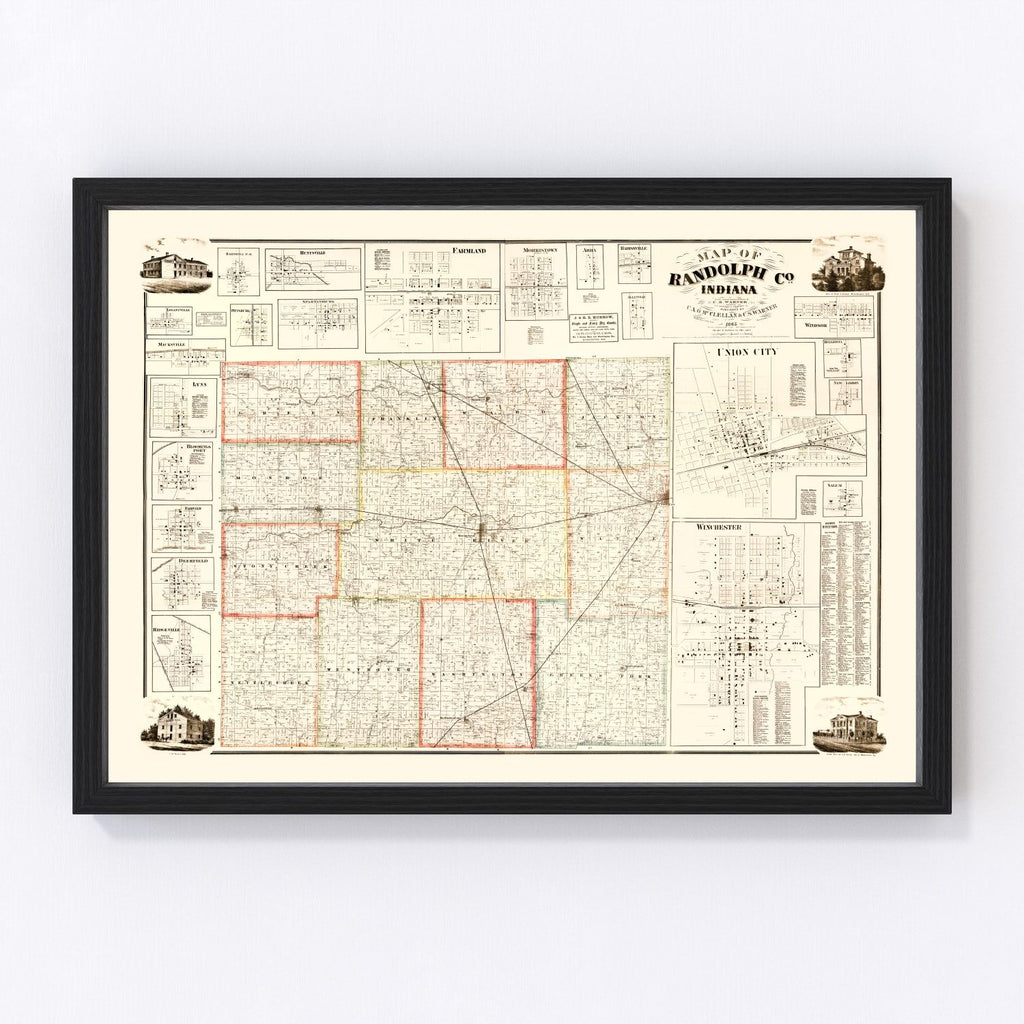 Vintage Map of Randolph County, Indiana 1865