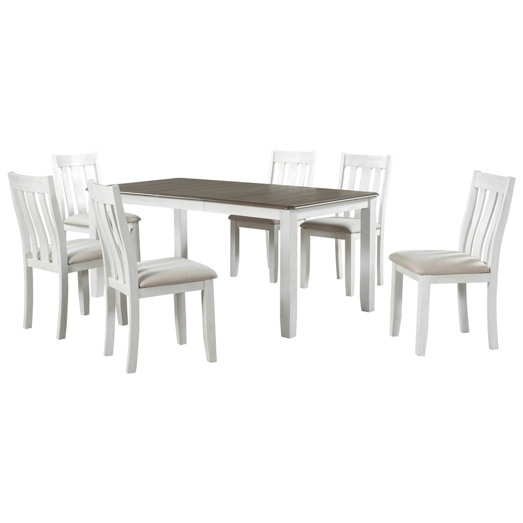 TREXM Retro Style 7-Piece Dining Table Set with Extendable Table, Upholstered Chairs, Brown+White, Solid Wood