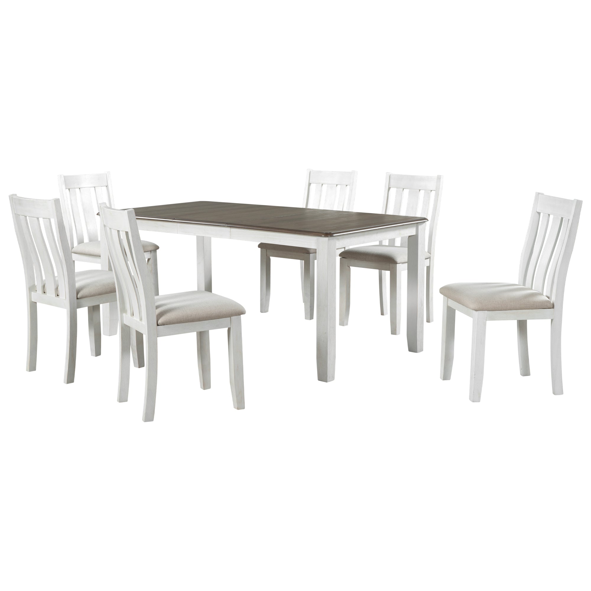 TREXM Retro Style 7-Piece Dining Table Set with Extendable Table, Upholstered Chairs, Brown+White, Solid Wood