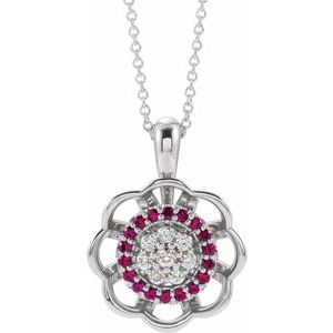 14K White Gold Natural Ruby & 1/6 CTW Natural Diamond 16-18" Necklace