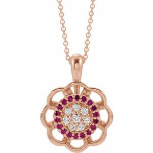 14K Rose Gold Natural Ruby & 1/6 CTW Natural Diamond 16-18" Necklace