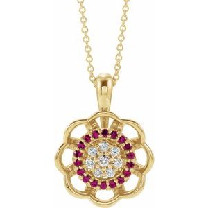14K Yellow Gold Natural Ruby & 1/6 CTW Natural Diamond 16-18" Necklace