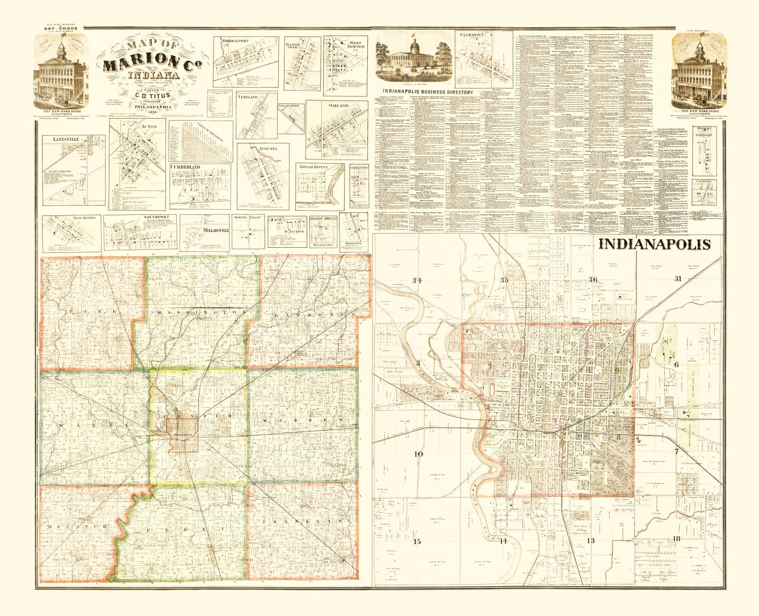 Vintage Map of Marion County, Indiana 1866