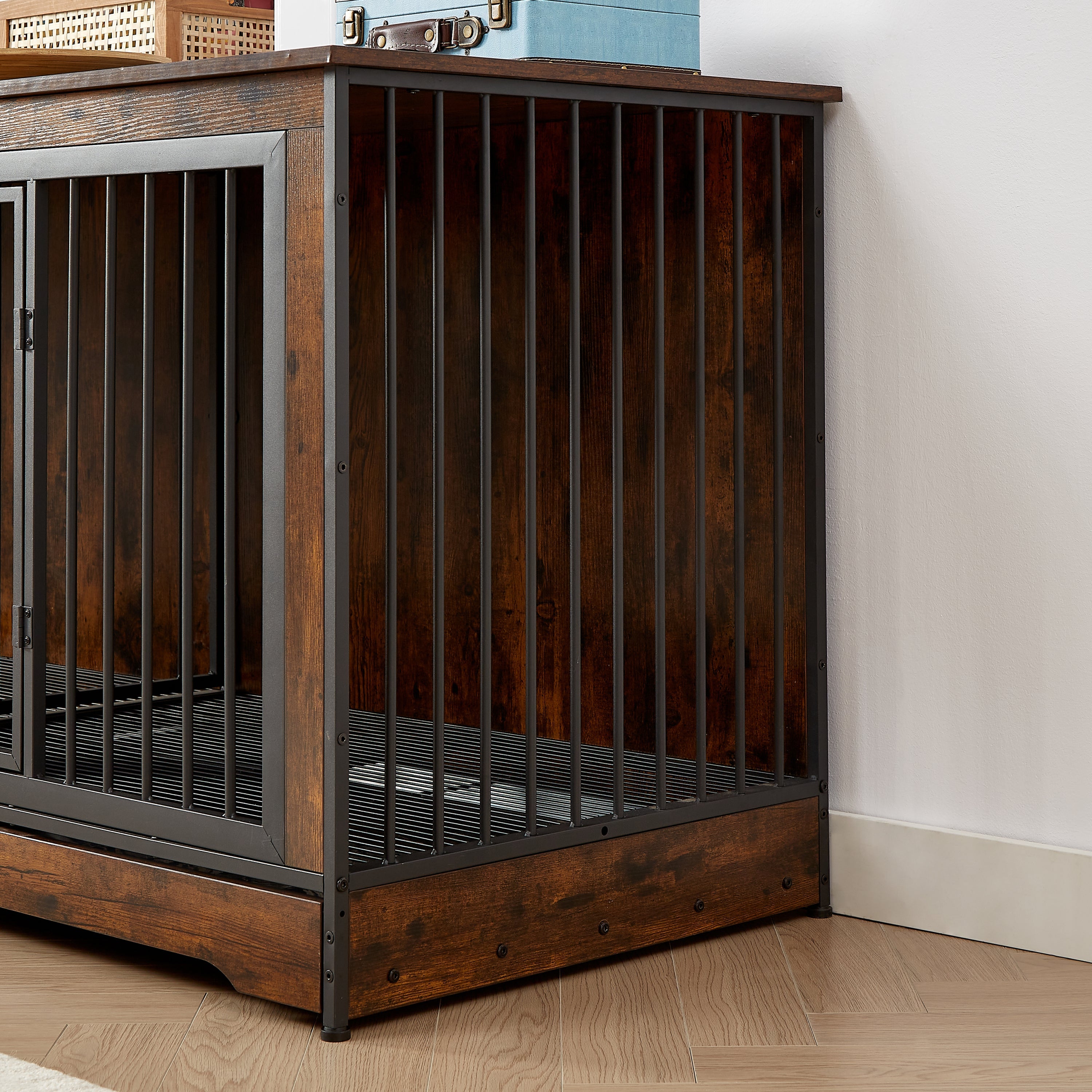 Super large dog crate furniture for two dogs with tray, TV stand. Rustic Brown, 75'' W x 26.4'' D x 32.3'' H.
