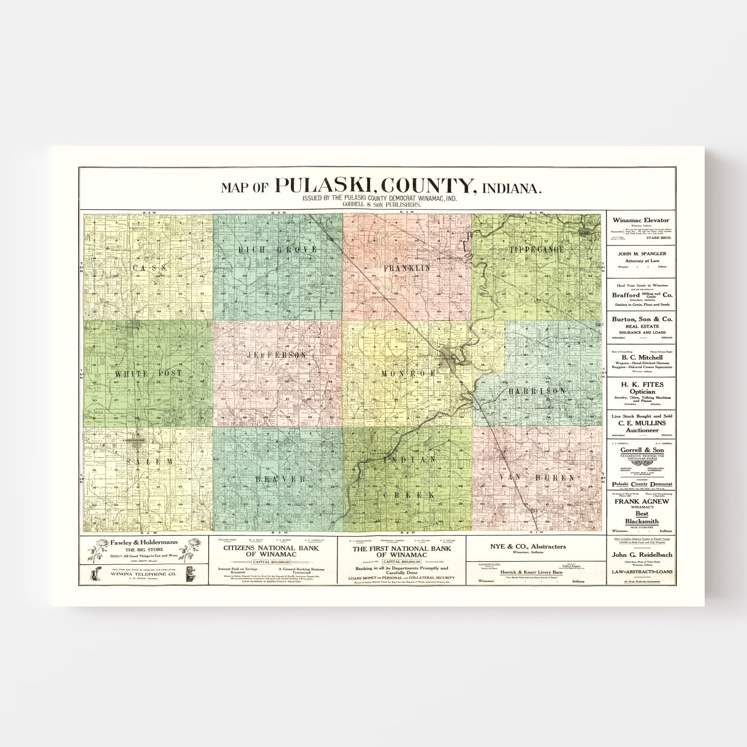 Vintage Map of Pulaski County, Indiana 1907