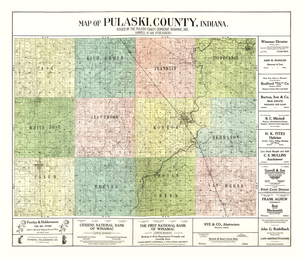 Vintage Map of Pulaski County, Indiana 1907