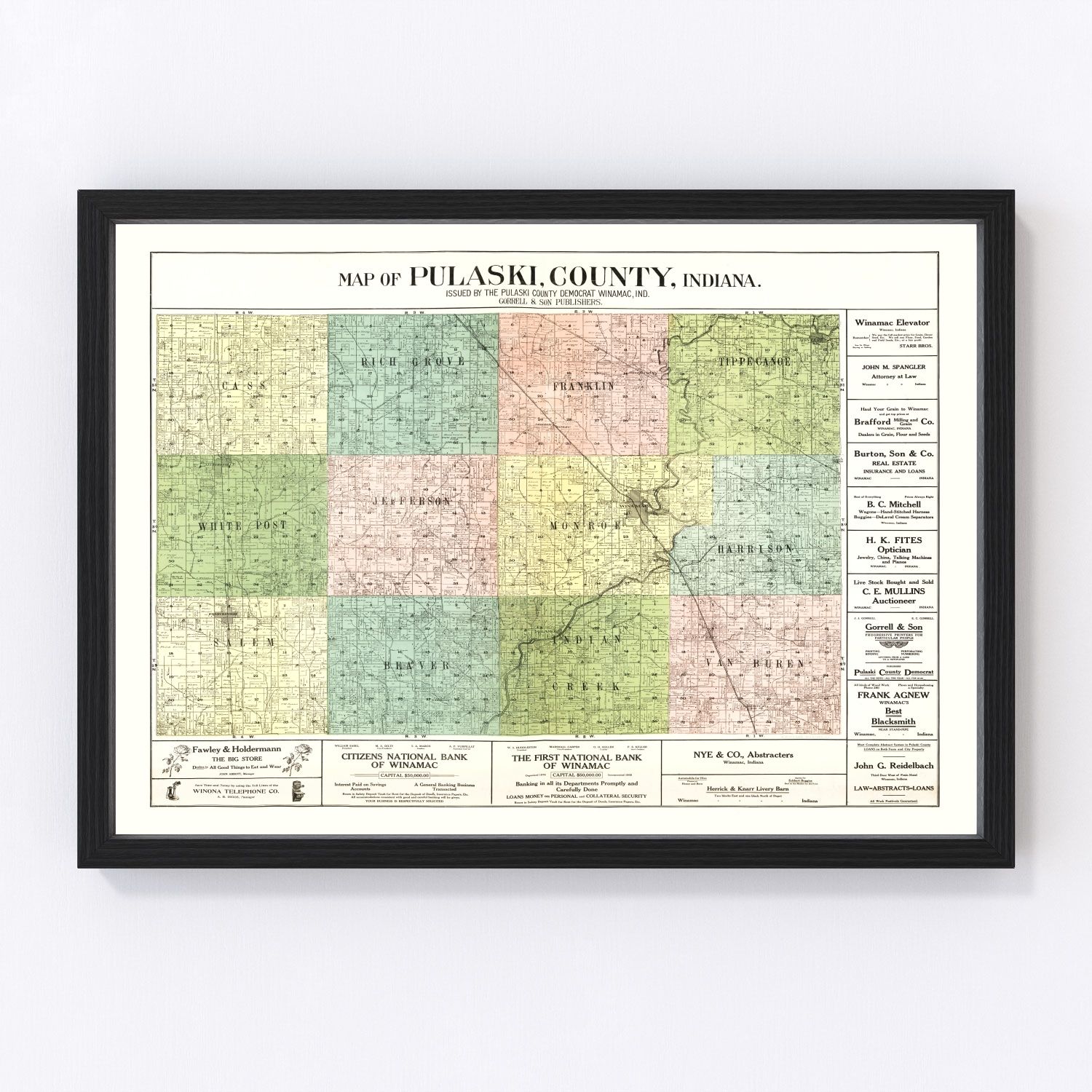 Vintage Map of Pulaski County, Indiana 1907