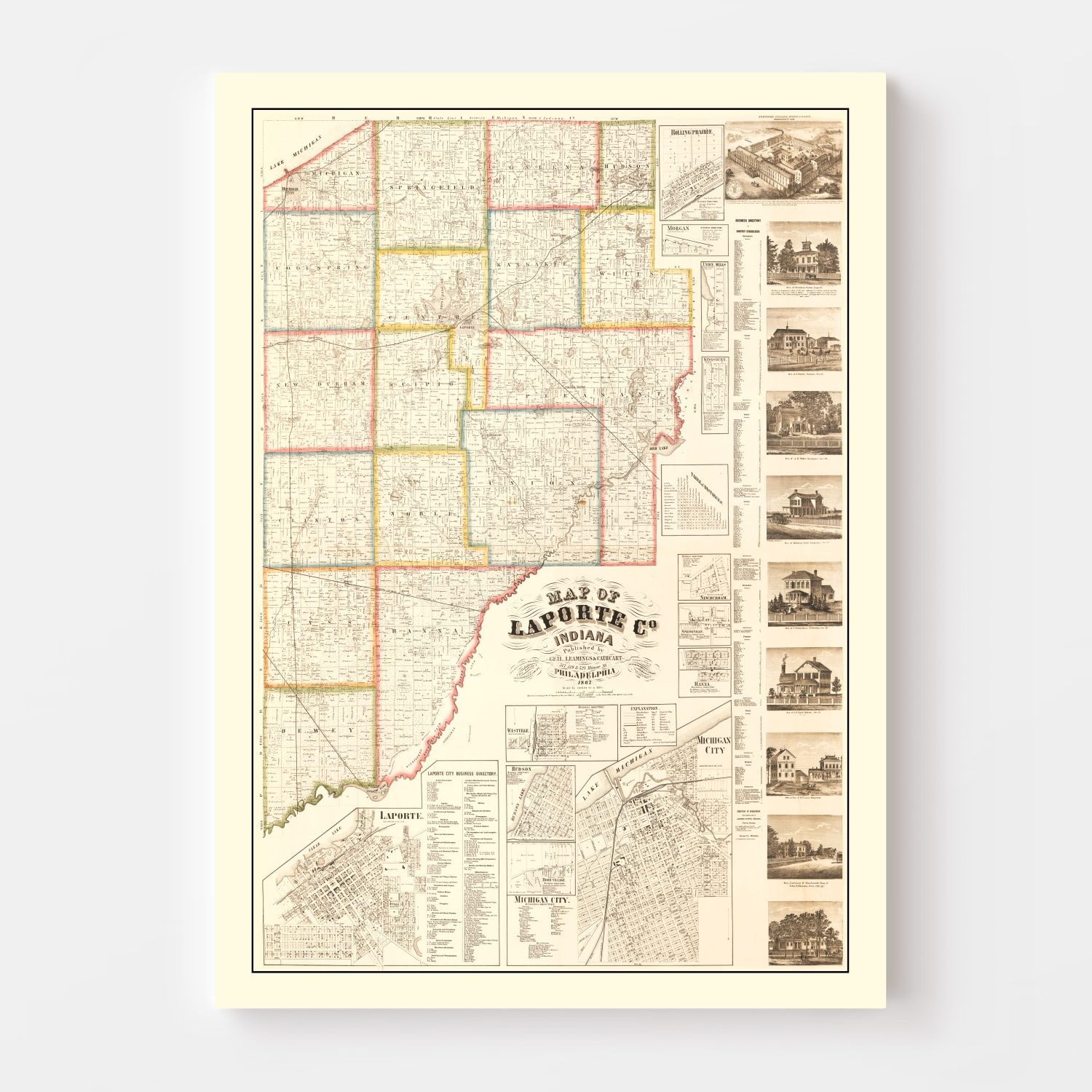 Vintage Map of La Porte County, Indiana 1866