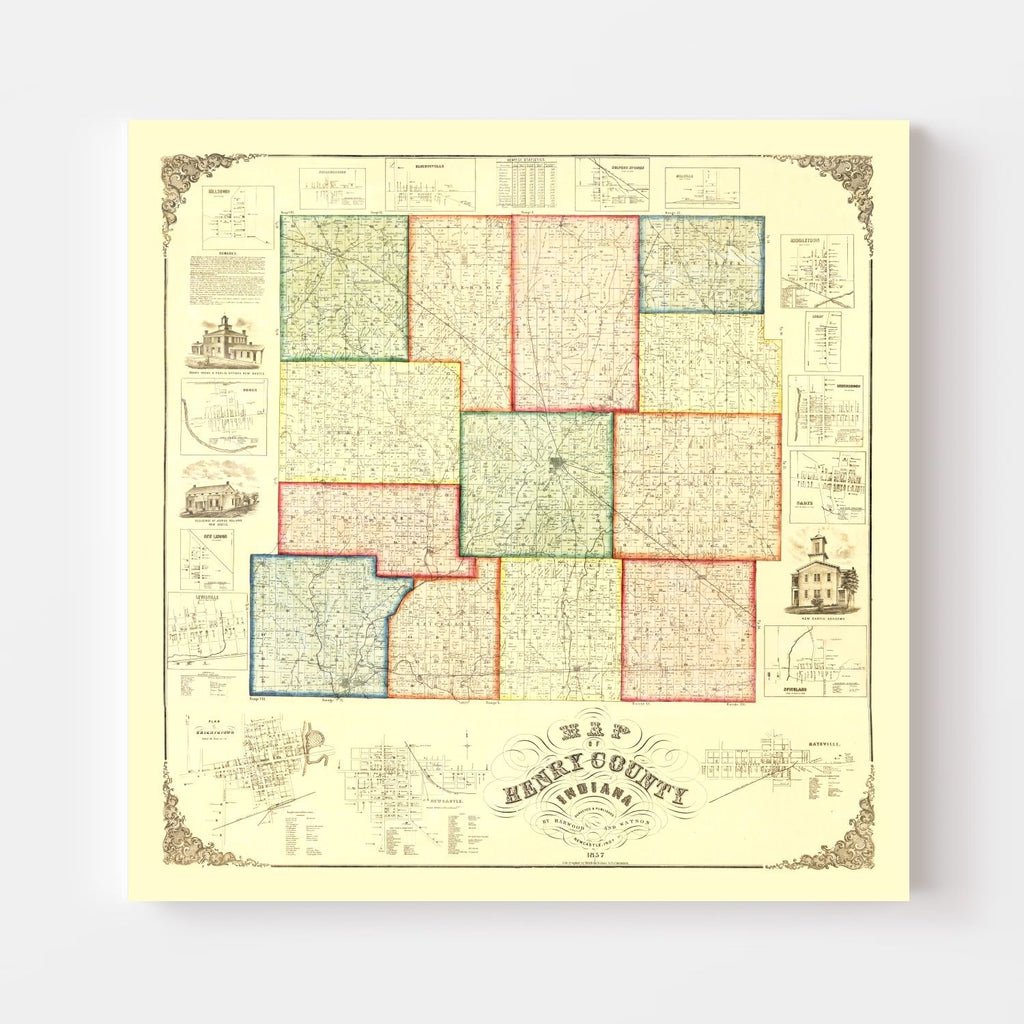 Vintage Map of Henry County, Indiana 1857