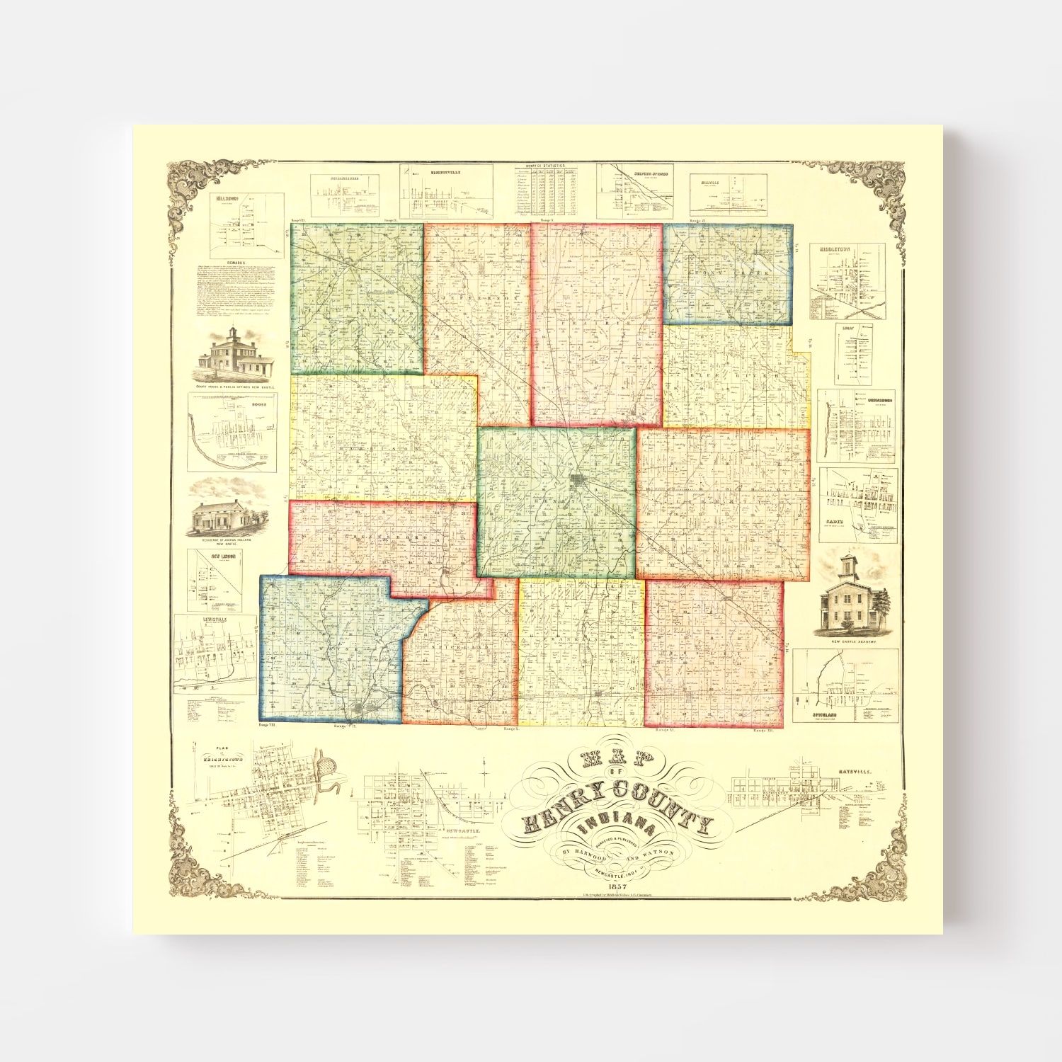 Vintage Map of Henry County, Indiana 1857