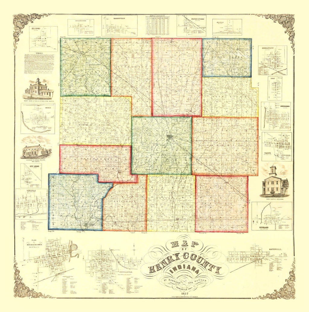Vintage Map of Henry County, Indiana 1857