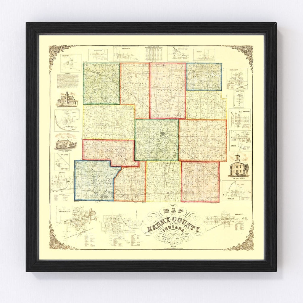 Vintage Map of Henry County, Indiana 1857