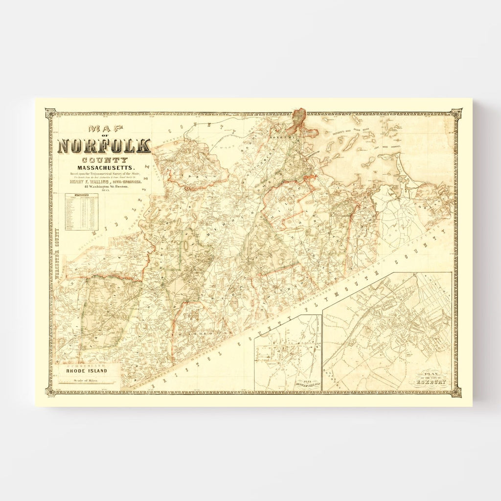 Vintage Map of Norfolk County, Massachusetts 1853